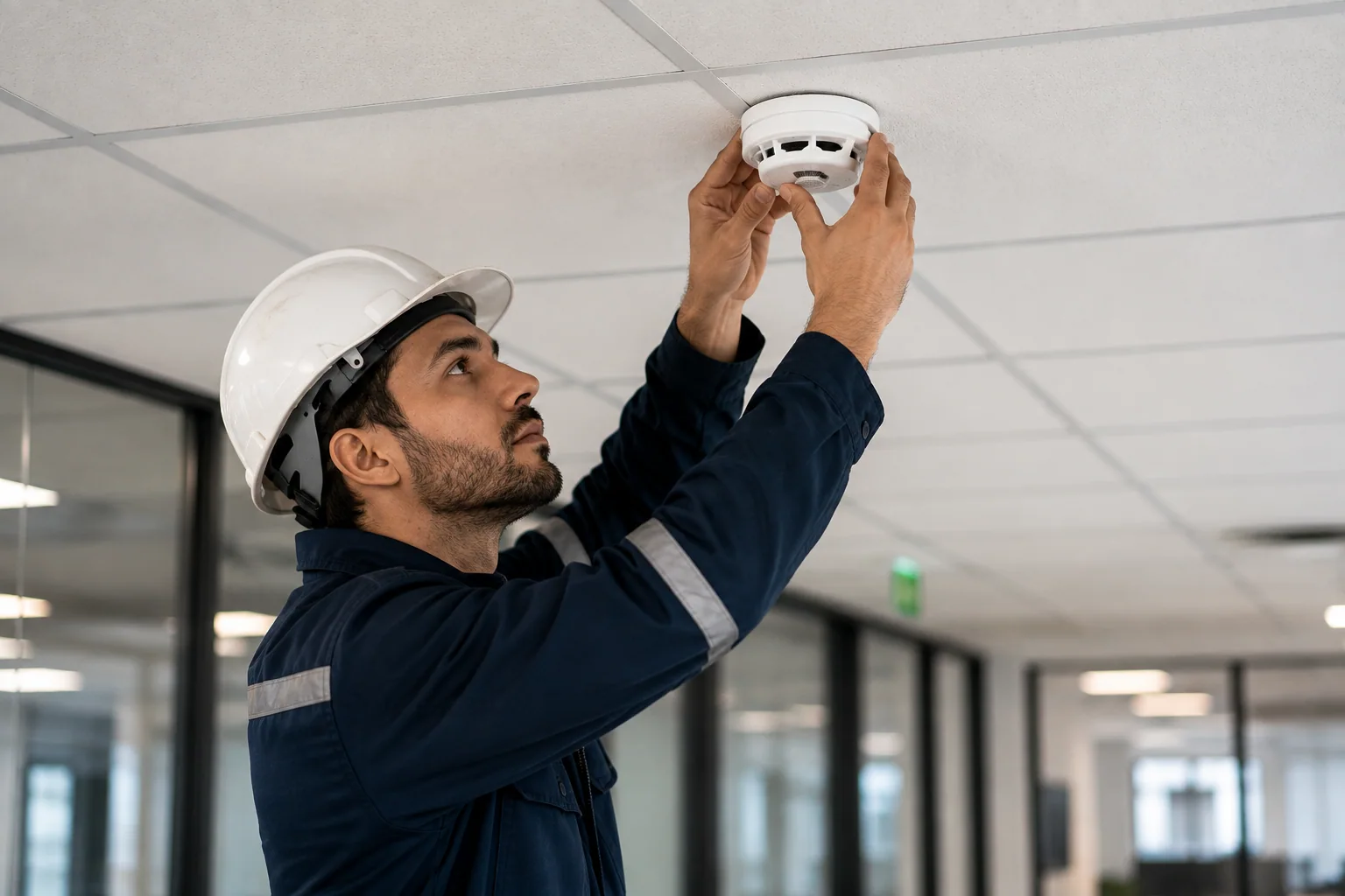 Técnico instalando un detector de incendio